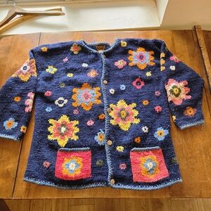 Vintage Kindred Spirit 3D Floral Knit Cardigan – Navy Blue Boho Artsy Sweater –